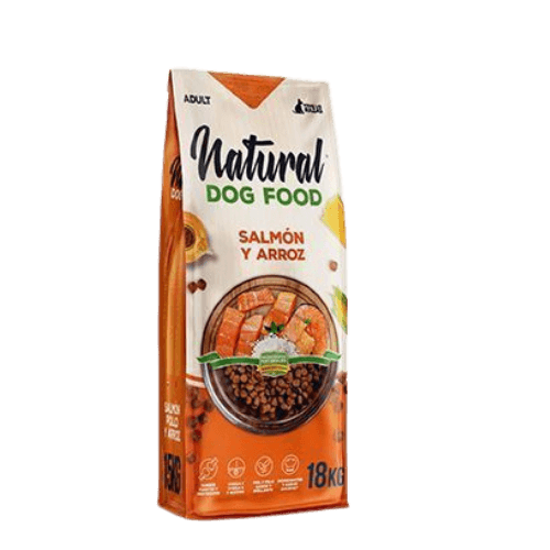 Natural Dog Food Salmón y Arroz 18 Kg, alimento equilibrado para perros con antioxidantes y proteínas digestibles.