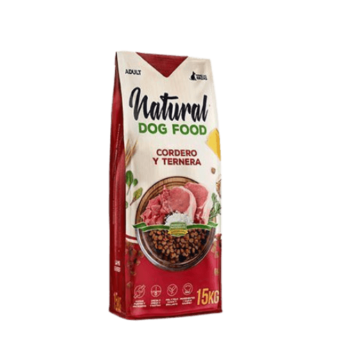 Natural Dog Food Cordero y Ternera 15 kg, balanced nutrition for dogs with high digestibility and antioxidants.