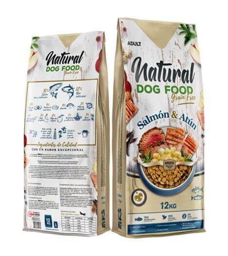 Paquete de comida natural para perros, libre de cereales, con salmón y atún, 12KG.