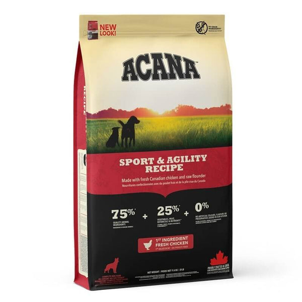 Acana Sport & Agility dog food bag, premium nutrition for active dogs, featuring fresh Canadian chicken.