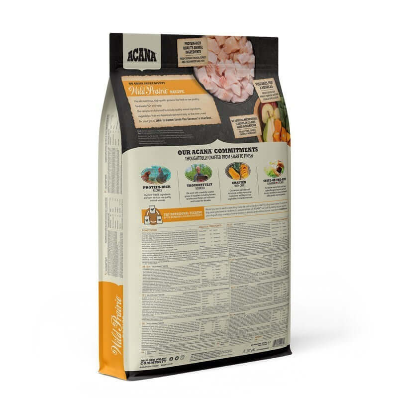 Acana Wild Prairie dog food packaging, featuring natural ingredients like chicken, turkey, and fresh water fish.
