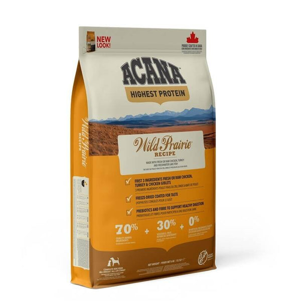 Acana Wild Prairie 11.4 Kg dog food bag with high protein, made with fresh chicken, turkey, and eggs.