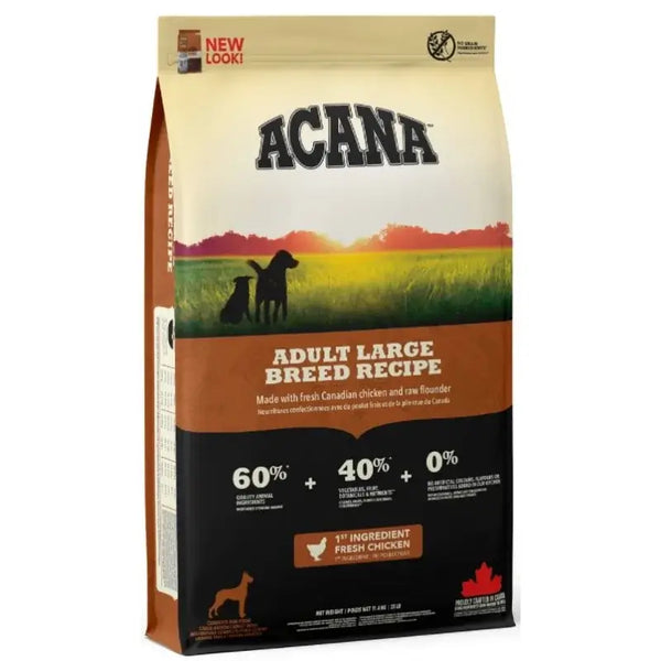Acana Adult Large Breed dog food bag featuring fresh chicken and nutritious ingredients for large breeds.